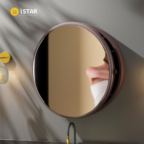 Image of iSTAR 16 Inch Round Wall Mirror with Storage Shelf, Brown Color | Bathroom Vanity Glass with Hidden Storage Cabinet | Wall Mounted Decorative Reflector for Bathroom, Bedroom, Living Room