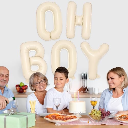 Image of 40inch OH BOY Balloons - Jumbo Cream White Sand Oh Baby Boy Balloon Sign for Backdrop Boho Baby Shower Kid Boys Birthday Gender Reveal Neutral Party Decorations