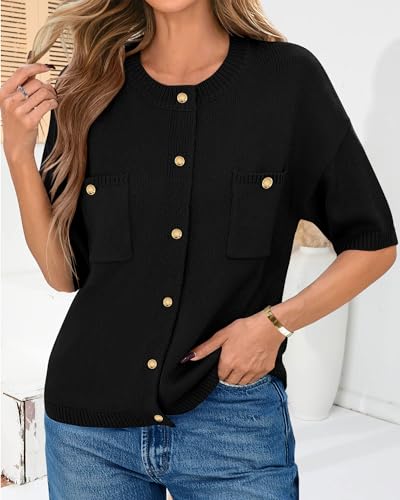 Womens Cardigan Sweaters Short Sleeve 2025 Button Up Y2k Summer Crew Neck Crop Lightweight Knit Shirt Tops3
