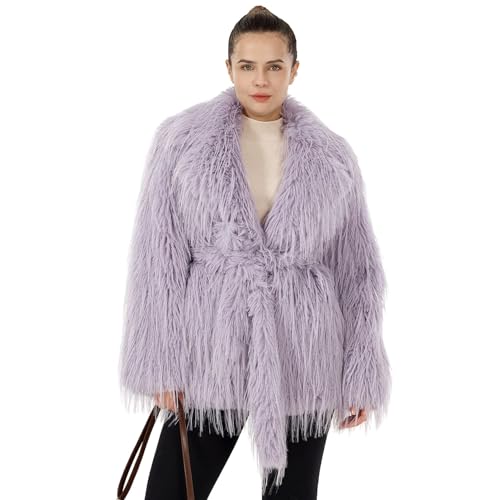 Women's Fluffy Faux Fur Coat Warm Lapel Shaggy Cardigan Outwear Open Front Fall Winter Jacket with Belt & Pockets4