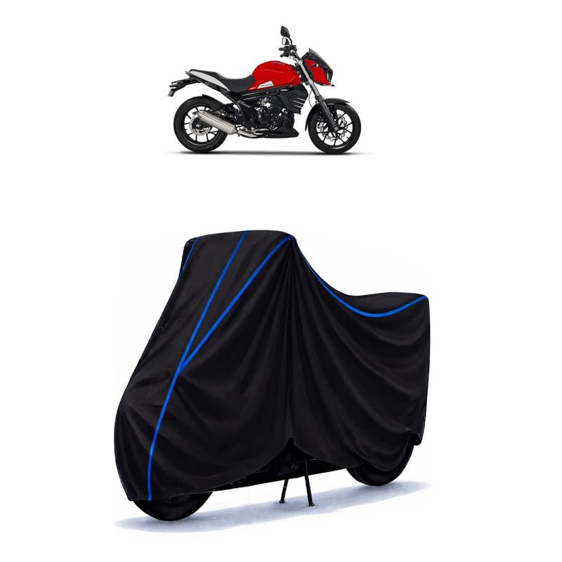Image of Mojo UT 300 Bike Cover Water Resistant Universal Motorcycle Rain | Heavy Duty UV Protection, Dust, Scratch Indoor Outdoor All Weather with Black Blue Piping Elastic