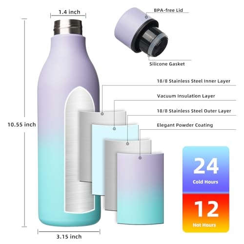 Image of BJPKPK Insulated Water Bottles, 25 oz Stainless Steel Metal Water Bottle with Strap, BPA Free Leak Proof Jugs, Mugs, Flasks, Reusable Thermal Flasks for Sports & Travel, Lavender Mint