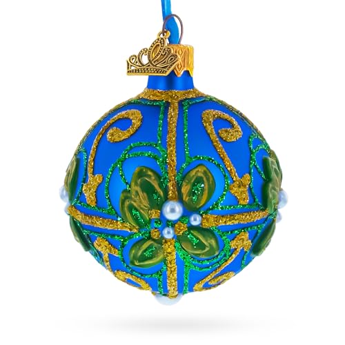 Boule de Noël en verre bleu incassable design floral