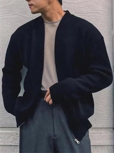 Mens Zip Up Crew Neck Knitted Cardigan Sweater Long Sleeve Slim Fit Fashion Knitwear Solid Color Outerwear for Winter2