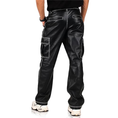 Laverapelle Men's Genuine Lambskin Leather Pants (Black, Cargo Pants) - 25040013