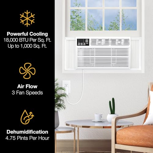 Image of Whirlpool 18,000 BTU Window Air Conditioner with Dehumidifier, Timer, White | 230V, Remote Control, 3 Speeds, 24H Timer for Large Rooms up to 1000 Sq. Ft., Bedroom, Living Room, Apartment