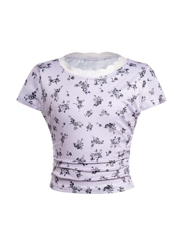 Image of RoseSeek Girl's Ditsy Floral Print Lace T Shirt Short Sleeve Ribbed Ruched Cute Tee Shirts Summer Tops