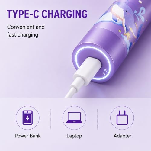 Image of Sonic Electric Toothbrush for Kids with 6 Modes, 4 Brush Heads & Rechargeable Battery, Ultra Soft Nylon Bristles, IPX7 Waterproof, Electric Power Tooth brush (Purple)