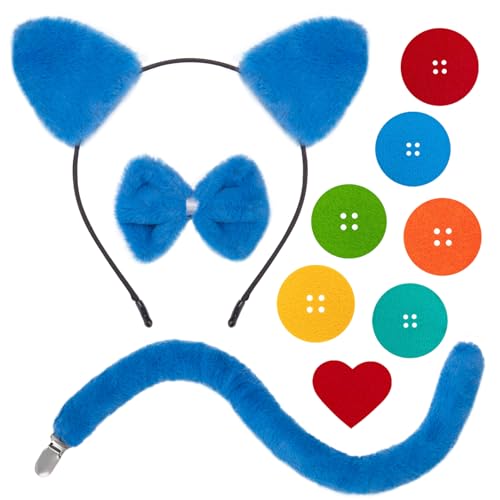 JIALWEN Blue Cat Costumes Set Cat Ears Headband and Tail Bowtie with 6 Button Patches & 1 Heart Patch Felt Stickers Halloween Cosplay Party Dress Up Accessories