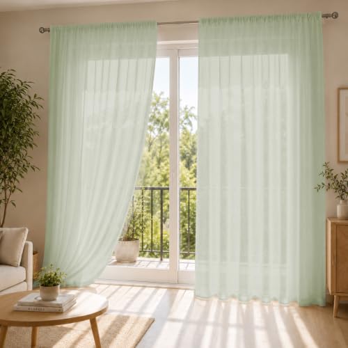 Image of LINENWALAS Aesthetic Sheer Curtains 8 Feet Long Set of 2, Poly Linen Shrink & Fade Proof Drapes for Semi Long Door, Semi Transparent Modern Panels with Rod Pocket Hanging for Living Room (Sage Green)