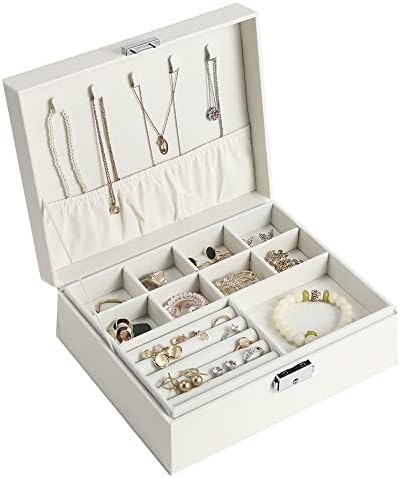 Chelory Jewelry Box for Women Girls, 2 Layer Large Jewelry Organizer Jewelry Case Storage for Necklace Earrings Rings Bracelets Vintage Gift, PU Leather Jewelry Boxes with Removable Tray, White