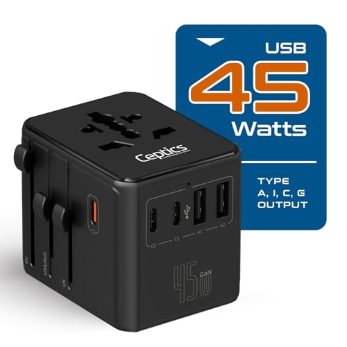 Image of Ceptics 8 in 1 Universal Travel Adapter for EU, UK, US, AU and More, World Travel Adapter, 2X US Socket, Universal Socket, 3X USB-C and 2X USB-A, 45W Fast Charge - UP-45KU-BL