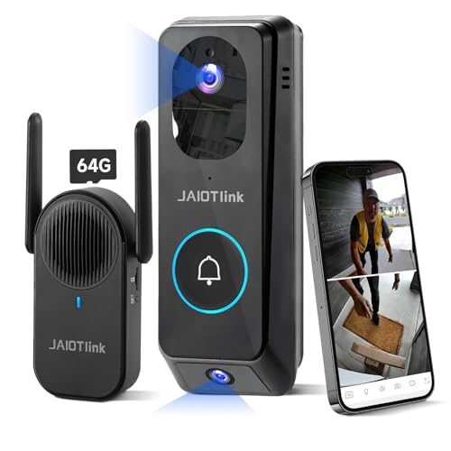 JAIOTlink 2K Dual Lens Video Doorbell Camera Wireless with Chime, 64GB SD Card, Voice Changer, 2.4G/5Ghz WiFi, Package Protection, 2-Way Audio, Night Vision, Compatible with Alexa