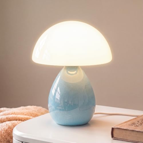 Image of Dawnwake Mushroom Lamp Table Lamp for Bedroom-Small Desk Table Lamps,Blue | Ice Crackle 10.08 inch Mid Century Modern Table Lamps for Living Room Bedroom Decor,Ceramic Lamps for Home Room Decor,Glass Shade