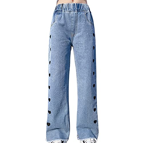 TiaoBug Enfant Fille Jean à Evasé Imprimé Motif Coeur Pantalon en Denim Taille Elastique Eté Jean Décontracté Casual 5-14 Ans Bleu 12-14 Ans