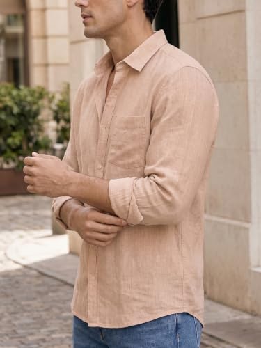 Image of Nobero Breezy Premium Linen Cotton Shirt for Men | Stylish Casual Shirts for Men | Semi Cut Collar | Box Pleat | Curved Hem | Regular Fit | Full Sleeve | S-XXXL