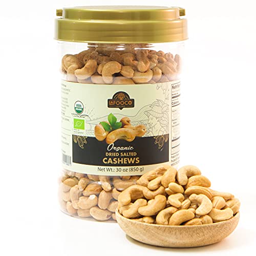 Image of LAFOOCO Organic Salted Cashews 30 oz, USDA Certified Dry Roasted Nuts | USDA & EU Organic whole cashews with sea salt, oil-free. Plant-based vegan protein snack from Vietnam. Resealable jar.