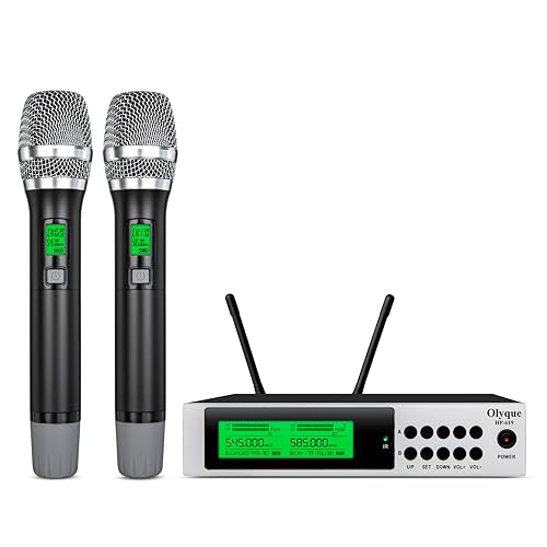 olyque Wireless Microphones, All Metal Dynamic Professional UHF Dual Handheld Cordless Microphone, Auto Scan, 300ft for Parties, Events and Church(HP-619)