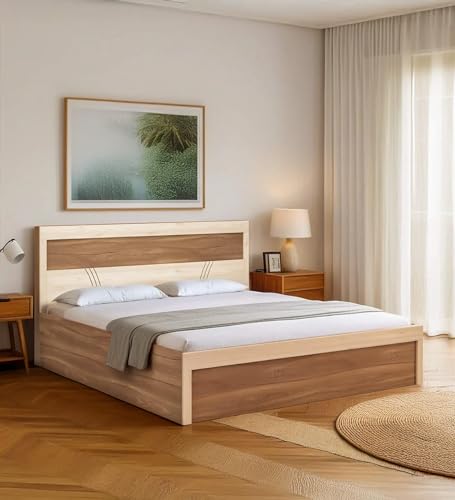 Image of Mintwud Pepperfry Solid Engineered Wood Sappora King Size Bed with Hydraulic Storage | Space Saving Wooden Palang Furniture for Living Room, Bedroom, Hotel (Bella Noce & Highland Pine Finish)