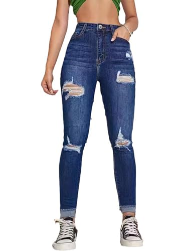 Women's High Rise Ripped Skinny Jeans Zipper Stretch Distressed Denim Pants
