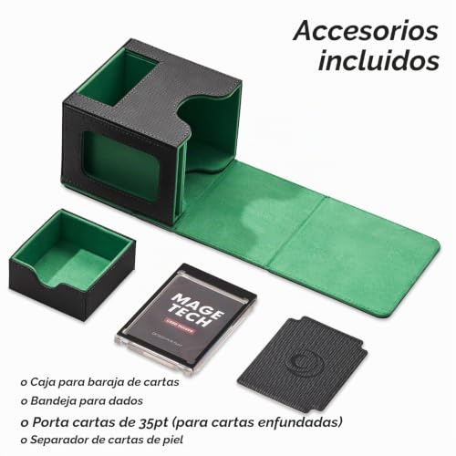 Miniatura 6 de Mage Tech Caja De Mazos Commander Para Mtg - Diseño Patentado, Exhibición De Commander, Apta Para 100 Cartas Con Doble Funda, Soporte Magnético De Cartas De 35pt Bandeja Para Dados - Negro Verde