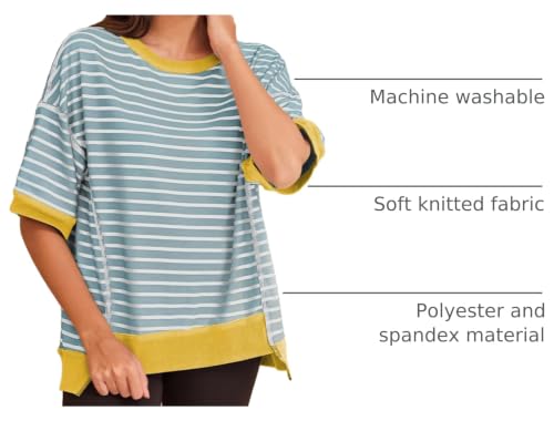 Image of SHEWIN Womens Oversized Tops Crewneck Striped Sweatshirt Pullover Shirt | Casual, Short Sleeve, Loose Fit, Tshirt, Fashion, Trendy, 2026