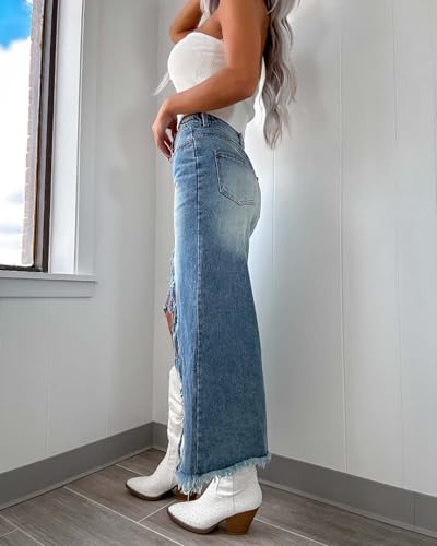 utcoco Women's 2025 Irregular High Waist Denim Skirt Distressed Fringed Hem A-Line Jean Maxi Skirts4