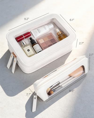 Image of LETGO 2 PCS Clear Makeup Bags Set,Waterproof PU Leather Travel Cosmetic Bags, Transparent Toiletry Bag Organizer with Zipper, Portable Makeup Brush Case Pouch for Women Girls Travel Daily Use (White)