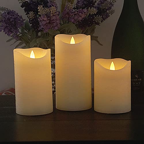 Image of CANDLE CHOICE Battery Operated Flameless Candles with Timer Real Wax Realistic Flickering Electric LED Pillars Automatic Built-in Daily Cycle Timer 6-Hour on 18-Hour Off Set of 3 Rustic Texture Ivory