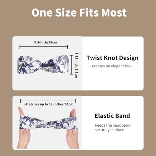 Image of ZLYC Mulberry Silk Headband for Women's Hair, Floral Navy and White | smooth luxury real silk, stretch elastic no slip fit, makeup spa skincare use, travel daily wear,boho fashion hair accessory