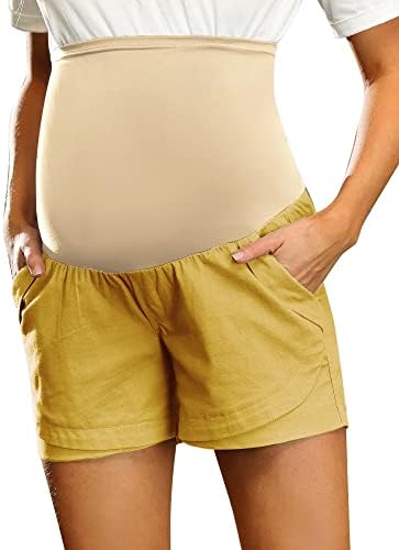 Maternity Linen Short Comfy Casual Elastic Waist Pocketed Shorts Pants Yellow