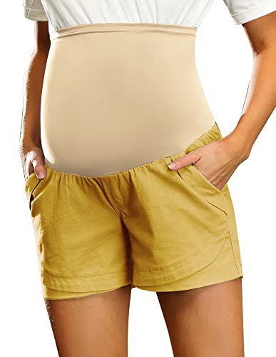 Maternity Linen Short Comfy Casual Elastic Waist Pocketed Shorts Pants Yellow #TOP4