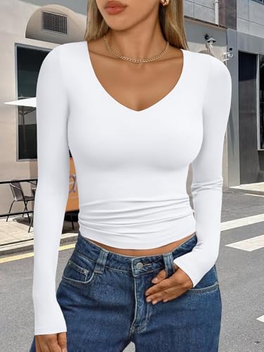 Womens Double Lined V Neck Long Sleeve Shirt 2025 Fall Fitted Crop Top Going Out Basic Tee Fashion Clothing
