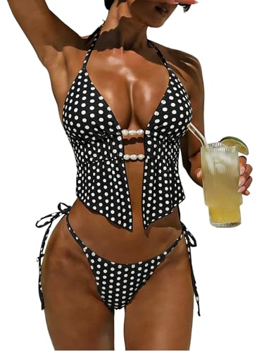 Image of ZAFUL Halter Swimsuits for Women Textured Backless 2 Piece Bathing Suits Cheeky High Cut String Tie Side Bikini Sets