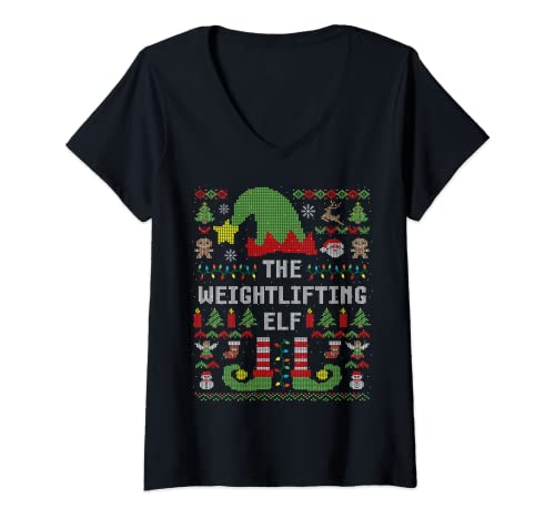 Femme The Haltérophilie Elf Ugly Christmas Assortiment de famille T-Shirt avec Col en V
