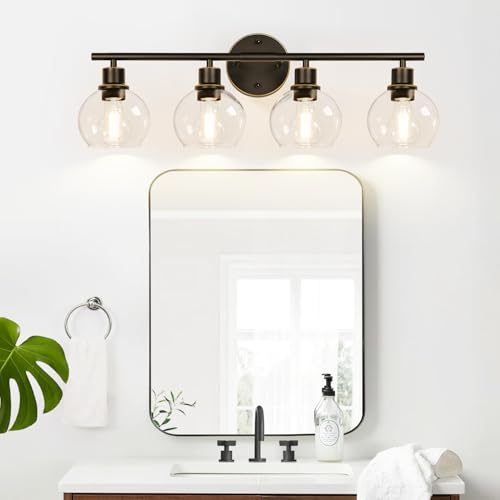 Image of Indoi 4-Light Bathroom Light Fixtures, Oil Rubbed Bronze Bathroom Lights Over Mirror with Clear Glass Globe Shade, Vanity Lights for Bathroom Kitchen Living Room Hallway Cabinet Bedroom Porch