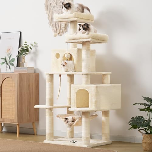 Image of Hey-brother Large Multi-Level Cat Tree Condo Furniture with Sisal-Covered Scratching Posts, 2 Bigger Plush Condos, Perch Hammock for Kittens, Cats and Pets Beige MPJ020M