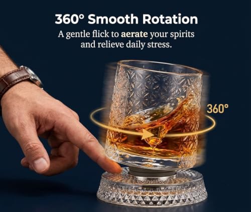 XKrmp 4Pcs Spinning Whiskey Glasses with 360° Rotating Base | 9oz Crystal Rocks Tumbler for Bourbon & Scotch, Men Dad Father Gift (C) – vue 2