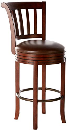 Howard Miller Ithaca Bar Stool 697-000 – Hampton Cherry Finish, Lightly Distressing, Swivel Seat, Brown Faux Leather Cushion, Antique Brass-Tone Footrest