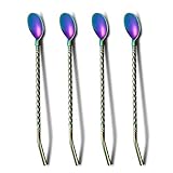 HOMQUEN Rainbow Iced Tea Spoon with Straw Handle for Drinking, 4 Pieces 8.7" Stainless Steel Titanium Rainbow Plating Long Handle Bar Spoon Silverware for Mixing and Stirring