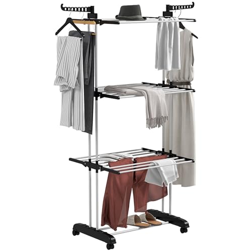 HOMCOM Stendino a Torre Pieghevole a 4 Livelli, Stendibiancheria Salvaspazio con Ali Laterali Girevoli e 4 Ruote, in Acciaio e PP, 73x64x177 cm, Nero