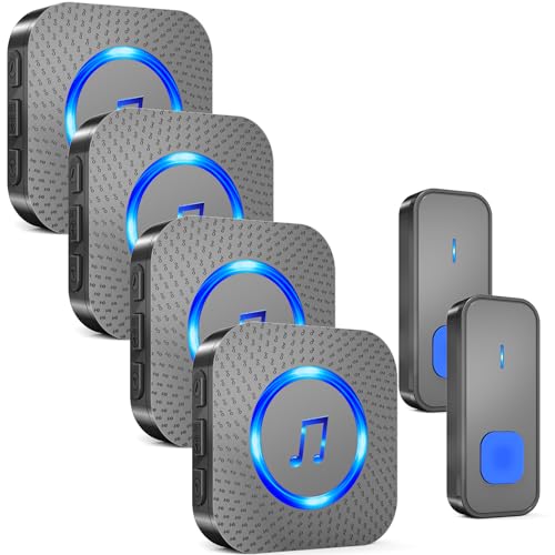 SURFOU Wireless Doorbell with 4 Receivers 2 Buttons,IP55 Waterproof Doorbell,1300 FT/400M Remote Doorbell,55 Chimes 5 Volume,LED Flashing,110 db Loud Volume,For Home/Classroom