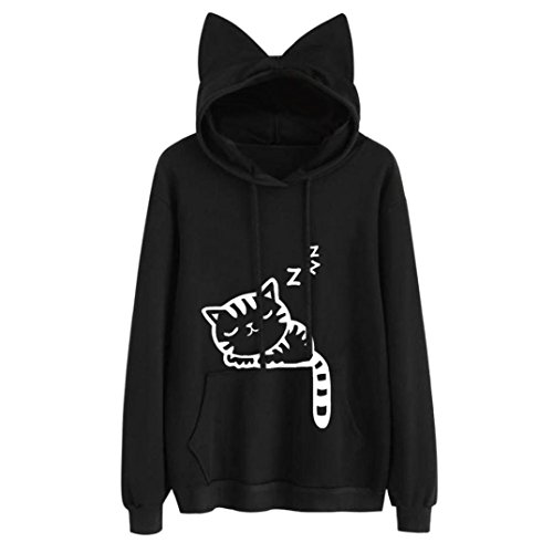 LMMVP Sudadera con Capucha para Mujer Gato Manga Larga Tops Blusas Camisas Casuales Abrigo de niña (S, Negro)