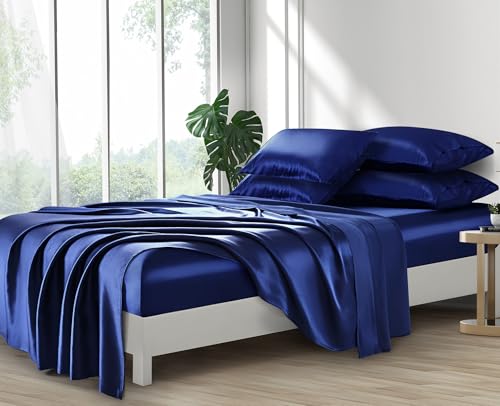 Image of Lanest Housing Silk Satin Sheets, 6-Pieces King Size Satin Bed Sheet Set with Deep Pockets, Cooling and Soft Sheets King - Navy Blue