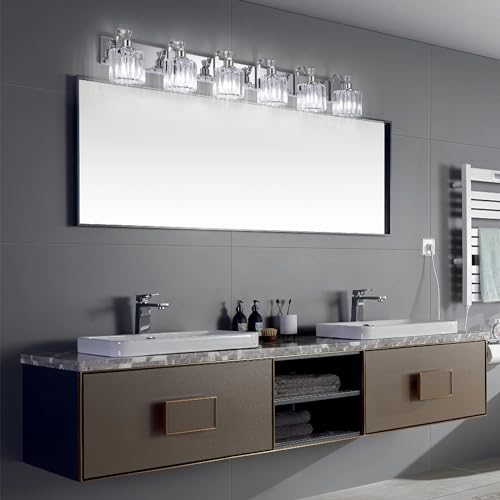 Image of GAOMON LED Modern Crystal Bathroom Vanity Lights Over Mirror, Chrome Bathroom Light Fixtures Wall Light (6-Light)
