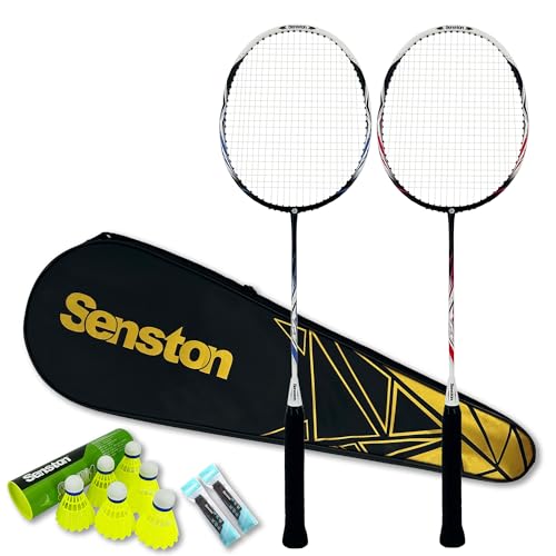 Senston バドミントンセット、2ピースカーボンアロイバドミントンラケット、シャトルバドミントン 6 個,赤色と青色（Amazon）