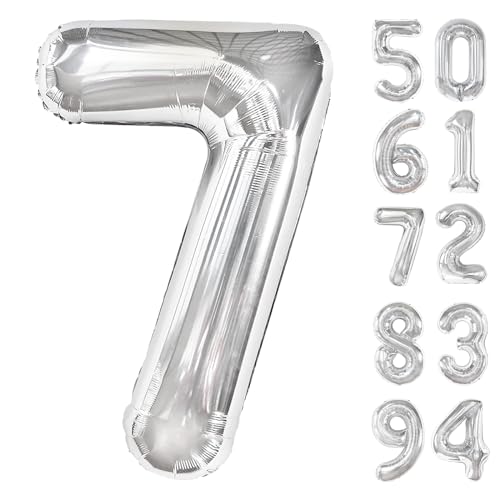 Image of Silver 7 Balloon, Number Balloons 40 Inch, 7th Birthday Decorations, Silver Party Decoration for Women Men, Number 7 Balloon