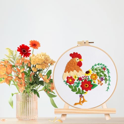 Image of Louise Maelys Funny Animal Embroidery Kits for Beginners,Cross Stitch Kit for Adults,DIY Needlepoint with Rooster and Flower Pattern