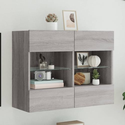 YuuSsea Mueble de pared para TV con luces LED, gris Sonoma, 78,5 x 30 x 60,5 cm, material de madera, montaje en pared, almacenamiento versátil para sala de estar