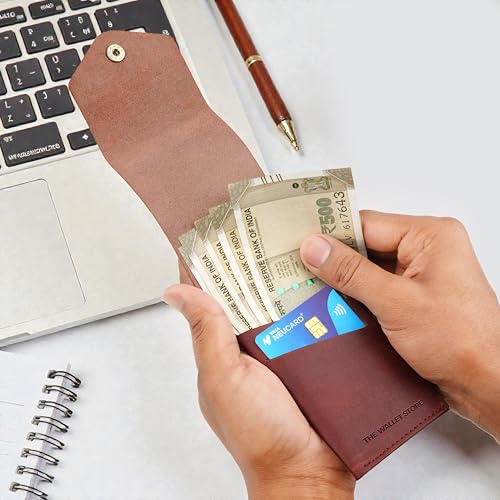 Image of The Wallet Store Flip Genuine Leather Vertical Slim Wallet for Men | Pull-String Quick Card Access | Compact Front Cash Pocket & Button Lock | Minimalist Travel & Daily Carry Wallet (Wine)